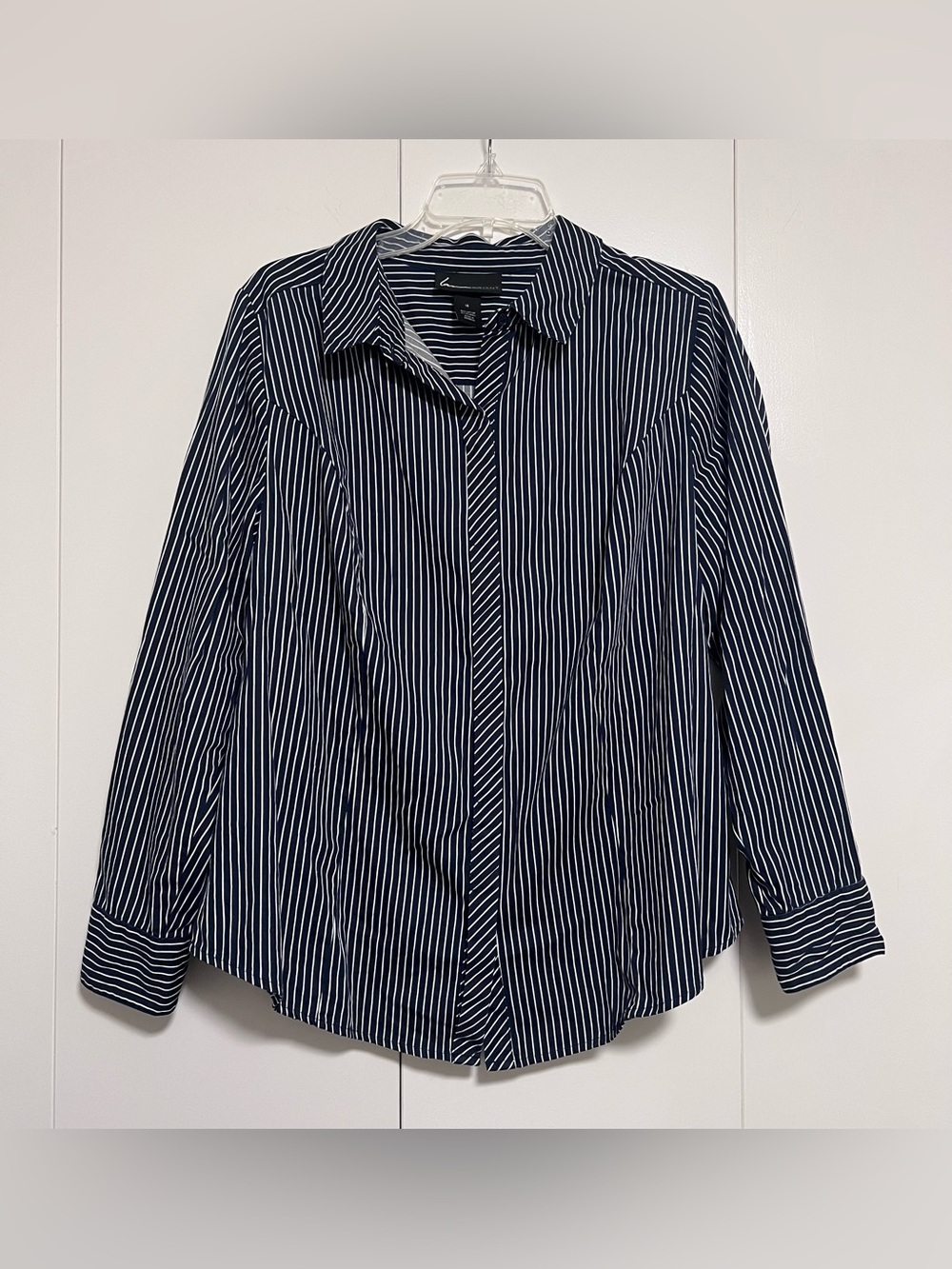 Lane Bryant Navy Blue & White Striped Button Down Cotton Stretch Shirt Size 16